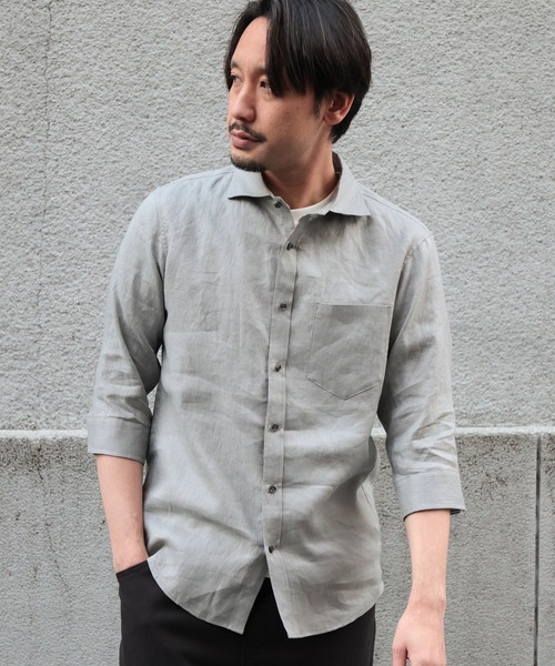 UNION STATION（ユニオンステーション）の「フレンチリネン ７分袖シャツ/麻100%（シャツ/ブラウス・メンズ・ホワイト/ベージュ/ネイビー/グレー/カーキ/ピンク/ターコイズブルー/ブルー/ホワイト系その他/チェック・LL/S/M/L）」の20枚目の写真