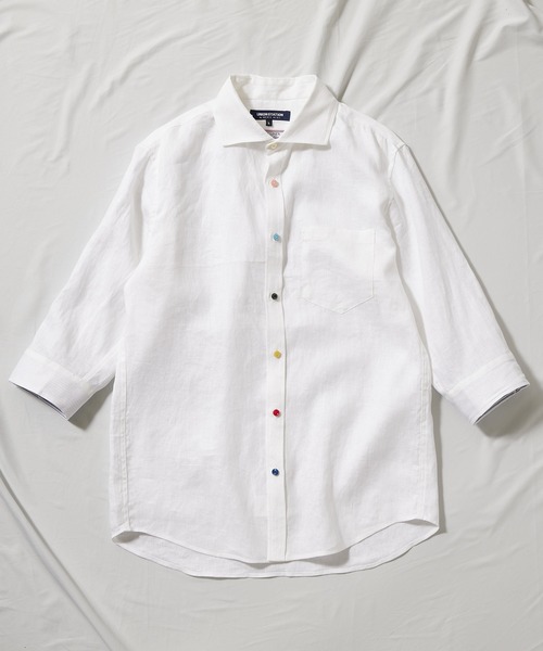 UNION STATION（ユニオンステーション）の「フレンチリネン ７分袖シャツ/麻100%（シャツ/ブラウス・メンズ・ホワイト/ベージュ/ネイビー/グレー/カーキ/ピンク/ターコイズブルー/ブルー/ホワイト系その他/チェック・LL/S/M/L）」の21枚目の写真