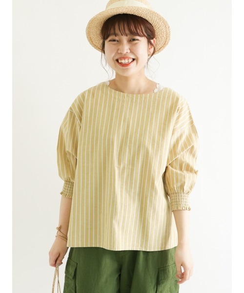 Samansa Mos2（サマンサ モスモス）の「袖口シャーリングTブラウス（シャツ/ブラウス・レディース・ネイビー/イエロー/ブルー/ブラック/オフホワイト/ピンク・ﾌﾘ-）」の6枚目の写真