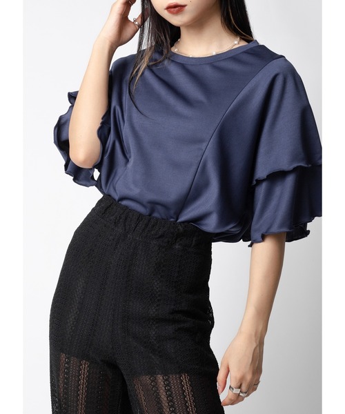 Adoon plain(アドーンプレーン)の「フリルスリーブトップス(Tシャツ/カットソー・レディース・ホワイト/ブラック/ダークブルー・FREE)」の8枚目の写真