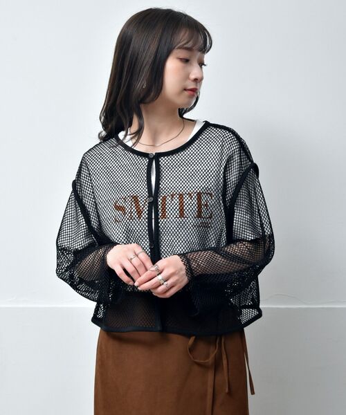 RETRO GIRL（レトロガール）の「パイピングメッシュカーデ（Tシャツ/カットソー・レディース・ブラック/ホワイト/グリーン・FREE）」の2枚目の写真