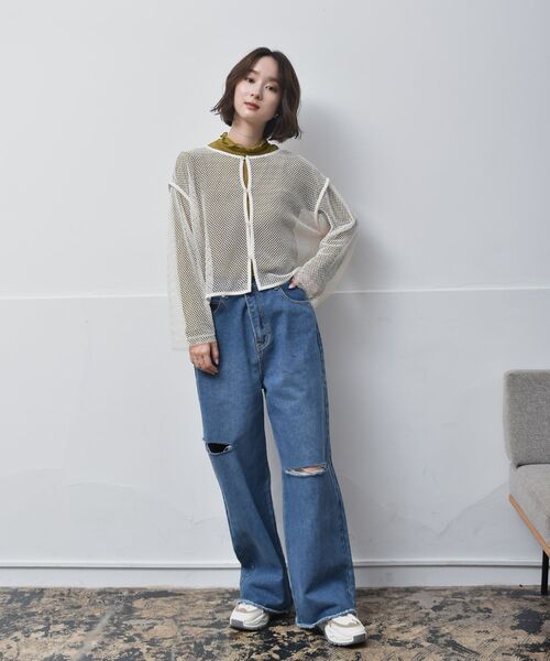 RETRO GIRL（レトロガール）の「パイピングメッシュカーデ（Tシャツ/カットソー・レディース・ブラック/ホワイト/グリーン・FREE）」の4枚目の写真