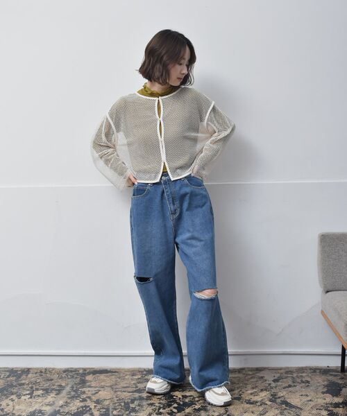 RETRO GIRL（レトロガール）の「パイピングメッシュカーデ（Tシャツ/カットソー・レディース・ブラック/ホワイト/グリーン・FREE）」の6枚目の写真