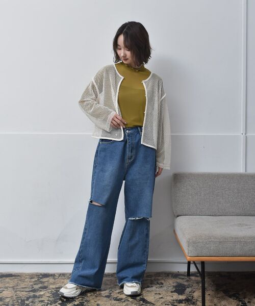 RETRO GIRL（レトロガール）の「パイピングメッシュカーデ（Tシャツ/カットソー・レディース・ブラック/ホワイト/グリーン・FREE）」の8枚目の写真