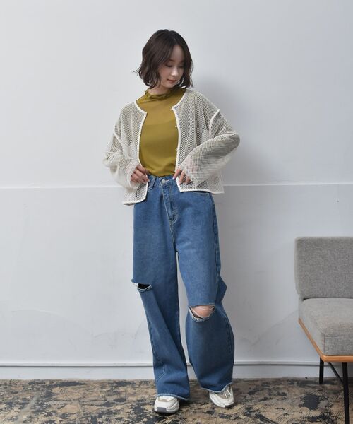 RETRO GIRL（レトロガール）の「パイピングメッシュカーデ（Tシャツ/カットソー・レディース・ブラック/ホワイト/グリーン・FREE）」の9枚目の写真