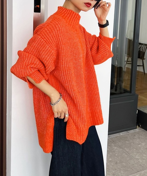 PAGEBOY(ページボーイ)の「アゼスリットタートルニット(ニット/セーター・レディース・ブラック/ベージュ/オフホワイト/オレンジ/ブルー系その他・FREE)」の5枚目の写真