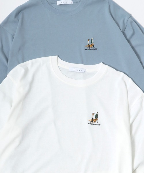 Lazar（ラザル）の「Lazar 別注 Cute Couple/Uncle Beard オーバーサイズ ワンポイント刺繍 ロングスリーブTシャツ（Tシャツ/カットソー・メンズ・ホワイト/ブラック/ダークグリーン/ベージュ/ブルー/ホワイト系その他/ブラック系その他/ベージュ系その他/グリーン系その他/ブルー系その他/ホワイト系その他2/ホワイト系その他3/ブラック系その他2/ブラック系その他3/グリーン系その他2/グリーン系その他3/ホワイト系その他4/ブラック系その他5/ブラック系その他4/ホワイト系その他5・LL/M/L）」の3枚目の写真