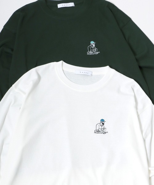 Lazar（ラザル）の「Lazar 別注 Cute Couple/Uncle Beard オーバーサイズ ワンポイント刺繍 ロングスリーブTシャツ（Tシャツ/カットソー・メンズ・ホワイト/ブラック/ダークグリーン/ベージュ/ブルー/ホワイト系その他/ブラック系その他/ベージュ系その他/グリーン系その他/ブルー系その他/ホワイト系その他2/ホワイト系その他3/ブラック系その他2/ブラック系その他3/グリーン系その他2/グリーン系その他3/ホワイト系その他4/ブラック系その他5/ブラック系その他4/ホワイト系その他5・LL/M/L）」の5枚目の写真
