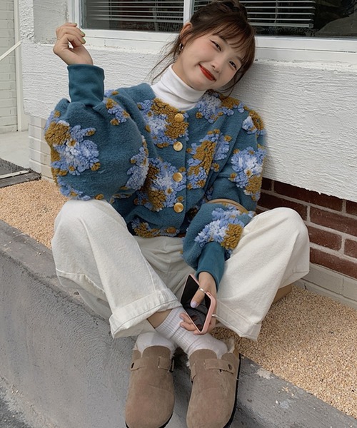 LAFFMO（ラフモ）の「フラワーボアニットカーディガン（カーディガン