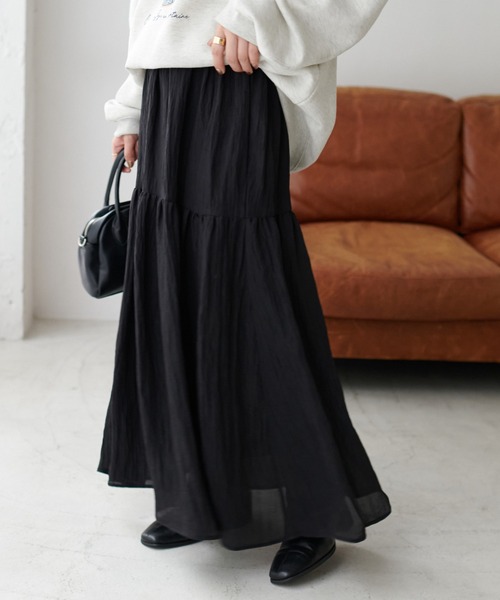 DISCOAT（ディスコート）の「WEB限定サテンワッシャーティアードスカート（スカート・レディース・ブラック/オフホワイト・FREE）」の18枚目の写真