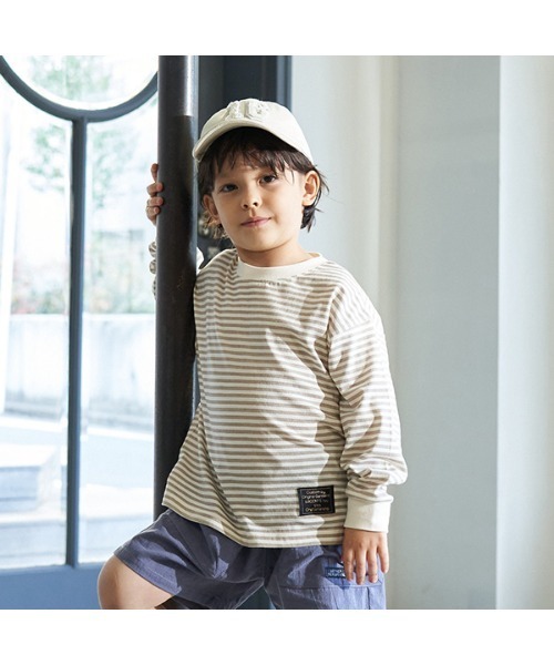 b・ROOM（ビールーム）の「【型崩れしないやわらかコットン】プリントボーダードロップTシャツ（Tシャツ/カットソー・キッズ・ブラック/サックスブルー/モスグリーン/ベージュ/パープル/オレンジ・100cm/110cm/120cm/130cm/140cm/150cm）」の3枚目の写真