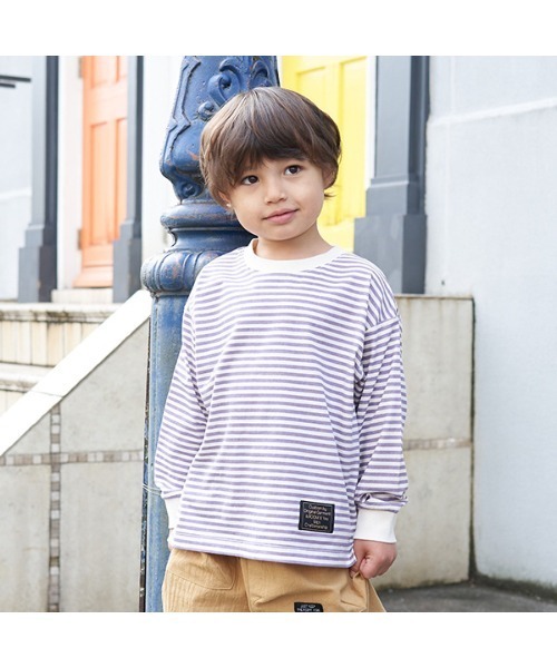 b・ROOM（ビールーム）の「【型崩れしないやわらかコットン】プリントボーダードロップTシャツ（Tシャツ/カットソー・キッズ・ブラック/サックスブルー/モスグリーン/ベージュ/パープル/オレンジ・100cm/110cm/120cm/130cm/140cm/150cm）」の6枚目の写真