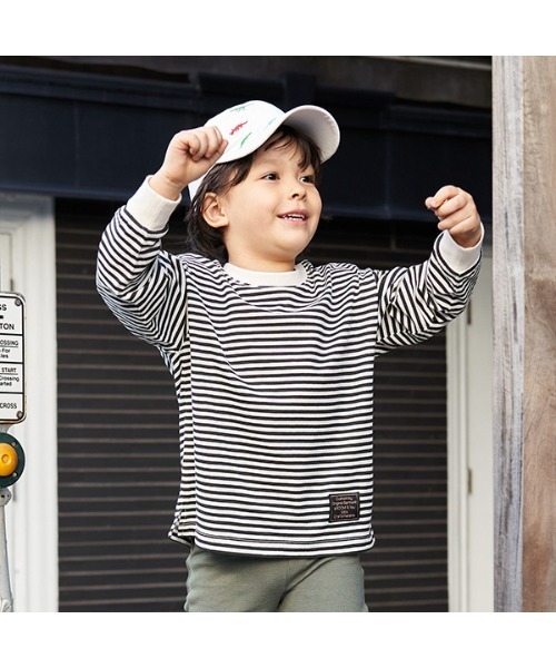 b・ROOM（ビールーム）の「【型崩れしないやわらかコットン】プリントボーダードロップTシャツ（Tシャツ/カットソー・キッズ・ブラック/サックスブルー/モスグリーン/ベージュ/パープル/オレンジ・100cm/110cm/120cm/130cm/140cm/150cm）」の2枚目の写真