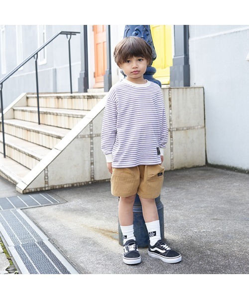 b・ROOM（ビールーム）の「【型崩れしないやわらかコットン】プリントボーダードロップTシャツ（Tシャツ/カットソー・キッズ・ブラック/サックスブルー/モスグリーン/ベージュ/パープル/オレンジ・100cm/110cm/120cm/130cm/140cm/150cm）」の8枚目の写真