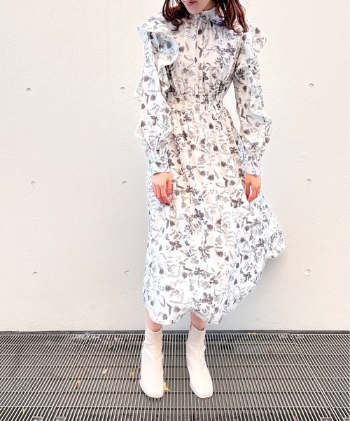 CHICWISH★パフスリーブ花柄ラッフルワンピース☆ 花柄パフスリラッフルラップワンピース | レディース