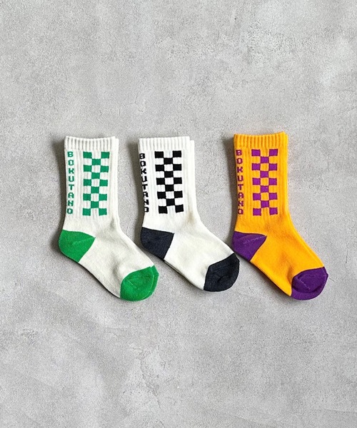 BOKU HA TANOSII（ボク　ハ　タノシイ）の「【BOKU HA TANOSII】チェッカーソックス/kids19-21cm（ソックス/靴下・キッズ・ブラック/グリーン/パープル・19-21cm）」の5枚目の写真