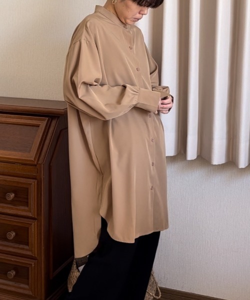 Ritzy（リッツィー）の「ゆったりシルエットノーカラーロングブラウス（シャツ/ブラウス・レディース・ミント/イエロー/ベージュ/ホワイト/ブラック・M/L）」の3枚目の写真