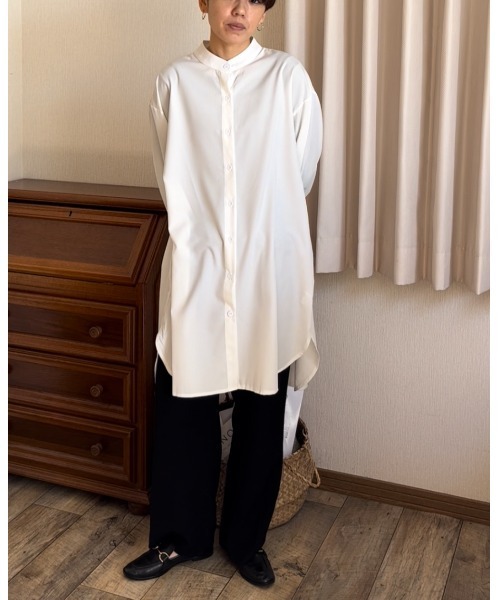 Ritzy（リッツィー）の「ゆったりシルエットノーカラーロングブラウス（シャツ/ブラウス・レディース・ミント/イエロー/ベージュ/ホワイト/ブラック・M/L）」の6枚目の写真