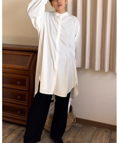 Ritzy（リッツィー）の「ゆったりシルエットノーカラーロングブラウス（シャツ/ブラウス・レディース・ミント/イエロー/ベージュ/ホワイト/ブラック・M/L）」の7枚目の写真