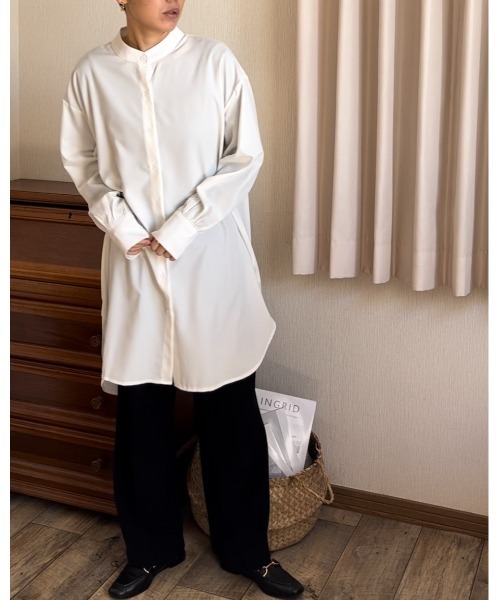 Ritzy（リッツィー）の「ゆったりシルエットノーカラーロングブラウス（シャツ/ブラウス・レディース・ミント/イエロー/ベージュ/ホワイト/ブラック・M/L）」の10枚目の写真