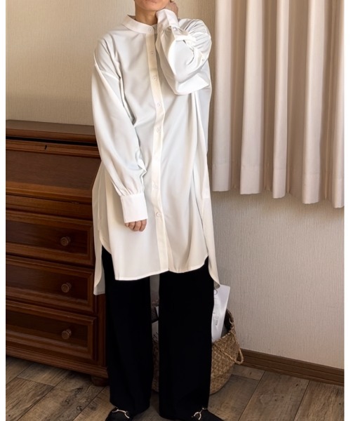 Ritzy（リッツィー）の「ゆったりシルエットノーカラーロングブラウス（シャツ/ブラウス・レディース・ミント/イエロー/ベージュ/ホワイト/ブラック・M/L）」の11枚目の写真