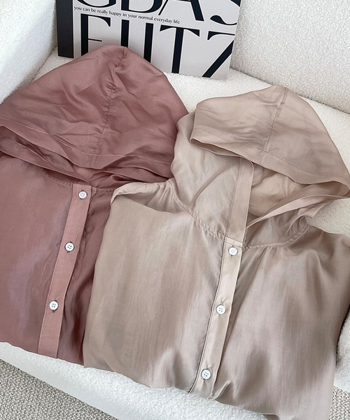 DAY CLOSET(デイ クローゼット)の「レディース フード付きシアーボタンシフォンパーカー(シャツ/ブラウス・レディース・コーラルピンク/スモークピンク/ベージュ・ONE SIZE)」の6枚目の写真