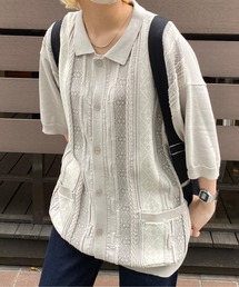 ジャガード半袖ニットポロカーディガン