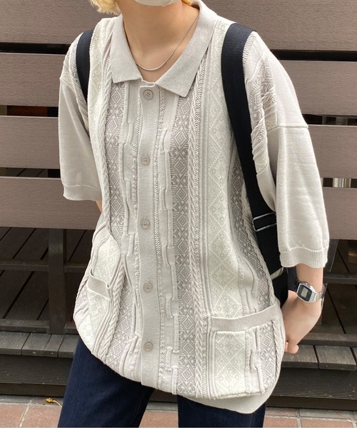 CPCM（シーピーシーエム）の「ジャガード半袖ニットポロカーディガン（カーディガン/ボレロ・メンズ・ベージュ/グレー/ブラック・LARGE/MEDIUM）」の2枚目の写真