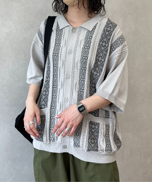 CPCM（シーピーシーエム）の「ジャガード半袖ニットポロカーディガン（カーディガン/ボレロ・メンズ・ベージュ/グレー/ブラック・LARGE/MEDIUM）」の3枚目の写真