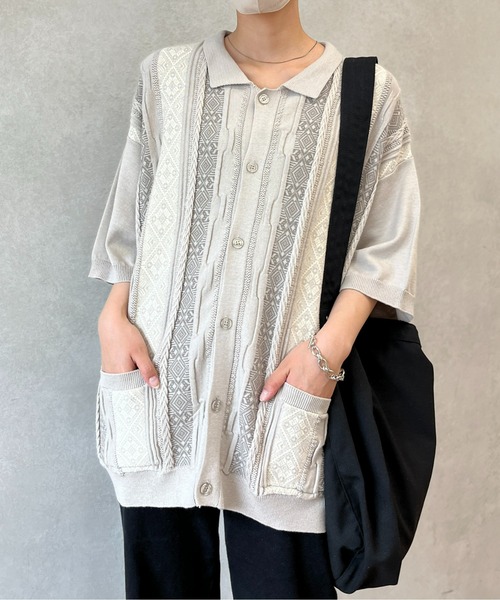 CPCM（シーピーシーエム）の「ジャガード半袖ニットポロカーディガン（カーディガン/ボレロ・メンズ・ベージュ/グレー/ブラック・LARGE/MEDIUM）」の15枚目の写真