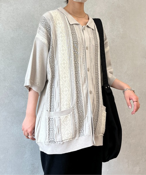 CPCM（シーピーシーエム）の「ジャガード半袖ニットポロカーディガン（カーディガン/ボレロ・メンズ・ベージュ/グレー/ブラック・LARGE/MEDIUM）」の5枚目の写真