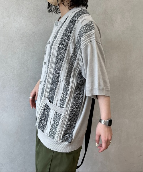 CPCM（シーピーシーエム）の「ジャガード半袖ニットポロカーディガン（カーディガン/ボレロ・メンズ・ベージュ/グレー/ブラック・LARGE/MEDIUM）」の4枚目の写真