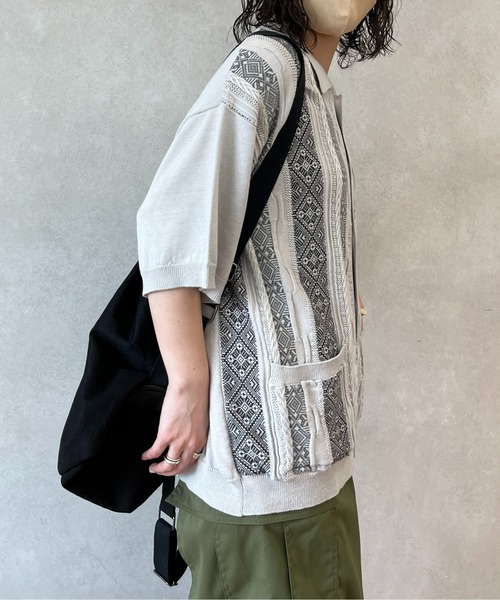CPCM（シーピーシーエム）の「ジャガード半袖ニットポロカーディガン（カーディガン/ボレロ・メンズ・ベージュ/グレー/ブラック・LARGE/MEDIUM）」の6枚目の写真