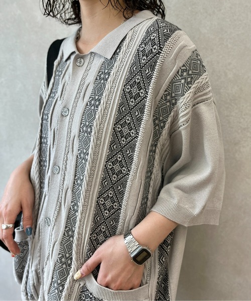 CPCM（シーピーシーエム）の「ジャガード半袖ニットポロカーディガン（カーディガン/ボレロ・メンズ・ベージュ/グレー/ブラック・LARGE/MEDIUM）」の13枚目の写真