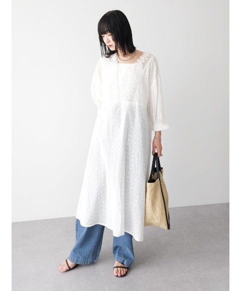 Green　Parks（グリーンパークス）の「I　胸元レース7分袖ワンピース（ワンピース・レディース・ブラック/オフホワイト・FREE）」の10枚目の写真