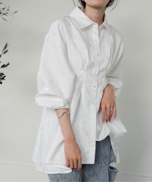 Bab（バブ）の「ジャガードタックシャツブラウス（シャツ/ブラウス・レディース・ホワイト系その他/グリーン/オフホワイト・M）」の2枚目の写真