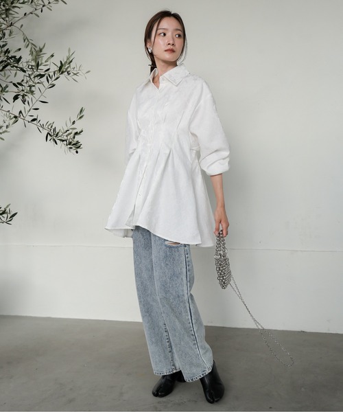 Bab（バブ）の「ジャガードタックシャツブラウス（シャツ/ブラウス・レディース・ホワイト系その他/グリーン/オフホワイト・M）」の6枚目の写真