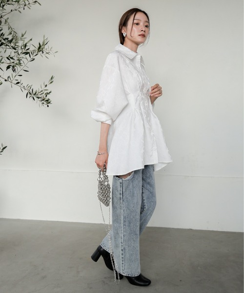 Bab（バブ）の「ジャガードタックシャツブラウス（シャツ/ブラウス・レディース・ホワイト系その他/グリーン/オフホワイト・M）」の10枚目の写真