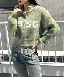 【LVEU.】ナンバーロゴハーフジップニット / トップス ニット ハーフジップ プルオーバー スタンドカラー ハイネック ブラック カーキ