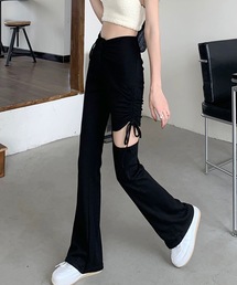 ハイウエスト サイドカット フレアパンツ リボン レースアップ リブパンツ