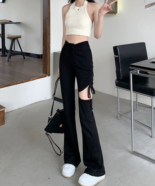 shopnikoniko(ショップニコニコ)の「ハイウエスト サイドカット フレアパンツ リボン レースアップ リブパンツ(その他パンツ・レディース・ブラック/グレー・フリー)」の18枚目の写真