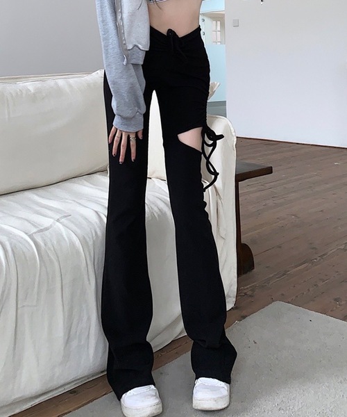 shopnikoniko(ショップニコニコ)の「ハイウエスト サイドカット フレアパンツ リボン レースアップ リブパンツ(その他パンツ・レディース・ブラック/グレー・フリー)」の16枚目の写真