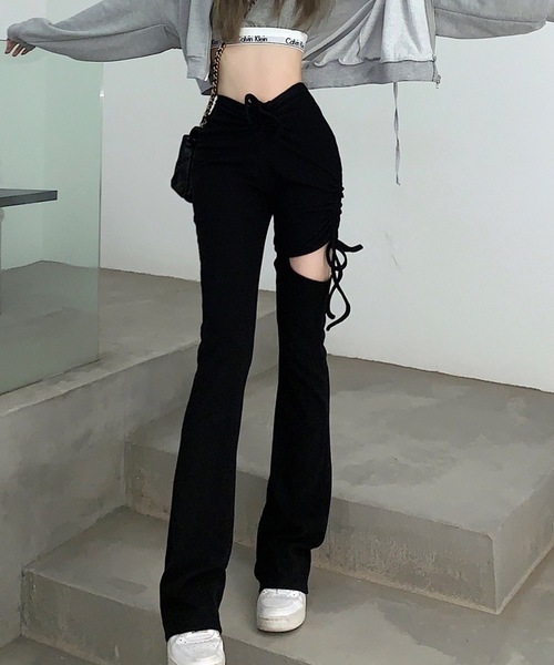 shopnikoniko(ショップニコニコ)の「ハイウエスト サイドカット フレアパンツ リボン レースアップ リブパンツ(その他パンツ・レディース・ブラック/グレー・フリー)」の12枚目の写真