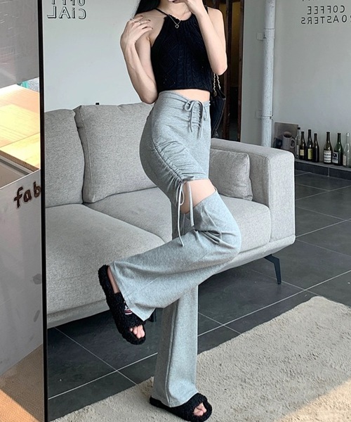 shopnikoniko(ショップニコニコ)の「ハイウエスト サイドカット フレアパンツ リボン レースアップ リブパンツ(その他パンツ・レディース・ブラック/グレー・フリー)」の14枚目の写真