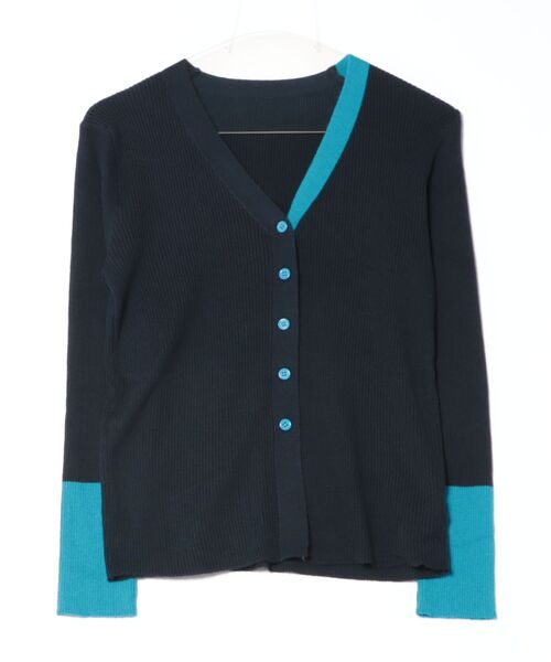 deux amour（ドゥーザムール）の「バイカラー襟・袖配色Vネックニットカーデ（カーディガン/ボレロ・レディース・パープル/ブラック/ブラウン/ブルー/アイボリー/ネイビー・FREE）」の5枚目の写真