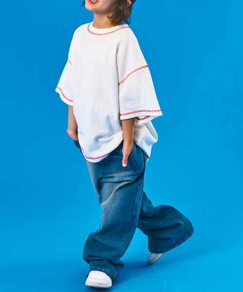 PAIRMANON STREET(ペアマノンストリート)の「【PAIRMANON STREET】半袖 カラー 配色ステッチ ワッフル Tシャツ(Tシャツ/カットソー・キッズ・ホワイト/オレンジ/ブラック・130/140/110/120/90/150/100)」の5枚目の写真