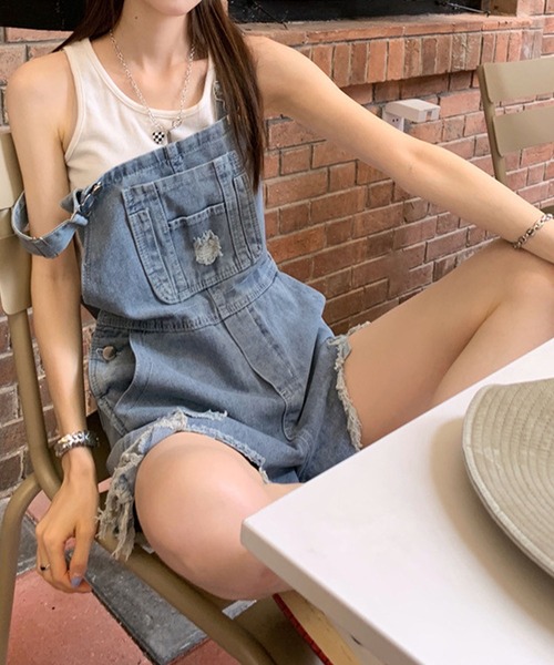 meJane（ミージェーン）の「ダメージデニムサロペット ショート