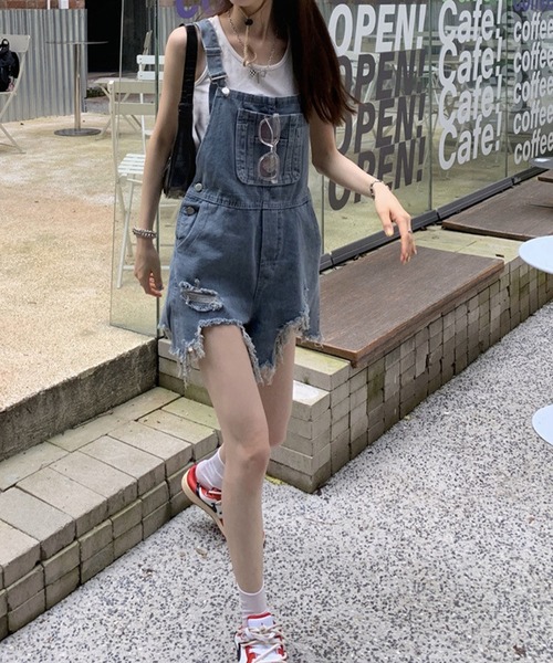meJane（ミージェーン）の「ダメージデニムサロペット ショート