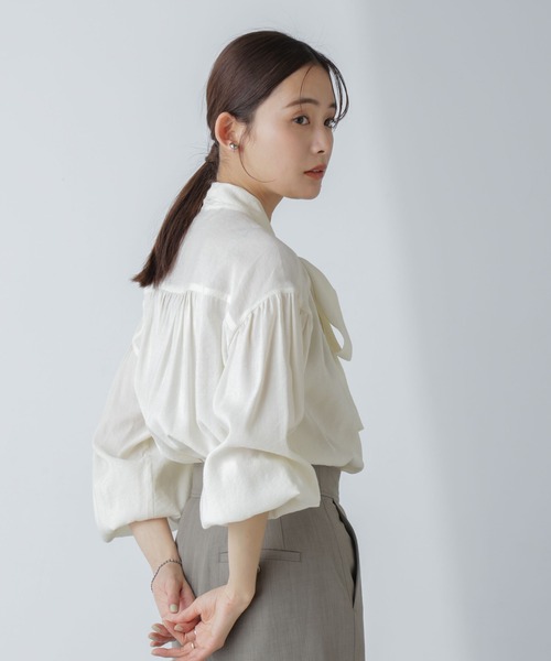 【未使用タグ付】ナノユニバース　艶感　プリーツ袖　ジョーゼットシフォン　ブラウス セール】「星玲奈×NANO universe」ジョーゼットボータイブラウス