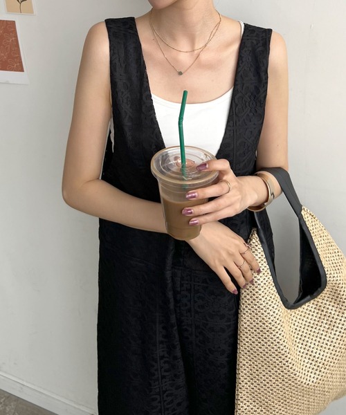 Futier land（フューティアランド）の「パネルレース2wayサロペット（サロペット/オーバーオール・レディース・ブラック/グリーン/アイボリー・FREE）」の4枚目の写真